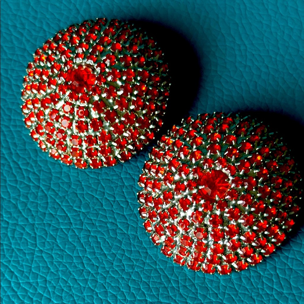 Red Crystal Clip On Earrings Signed Bauer Vintage